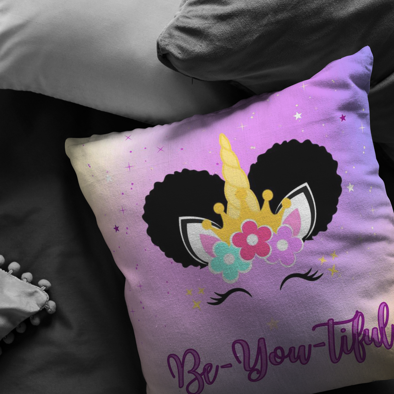 The Be-YOU-tiful Afro Puffs Unicorn Pillow
